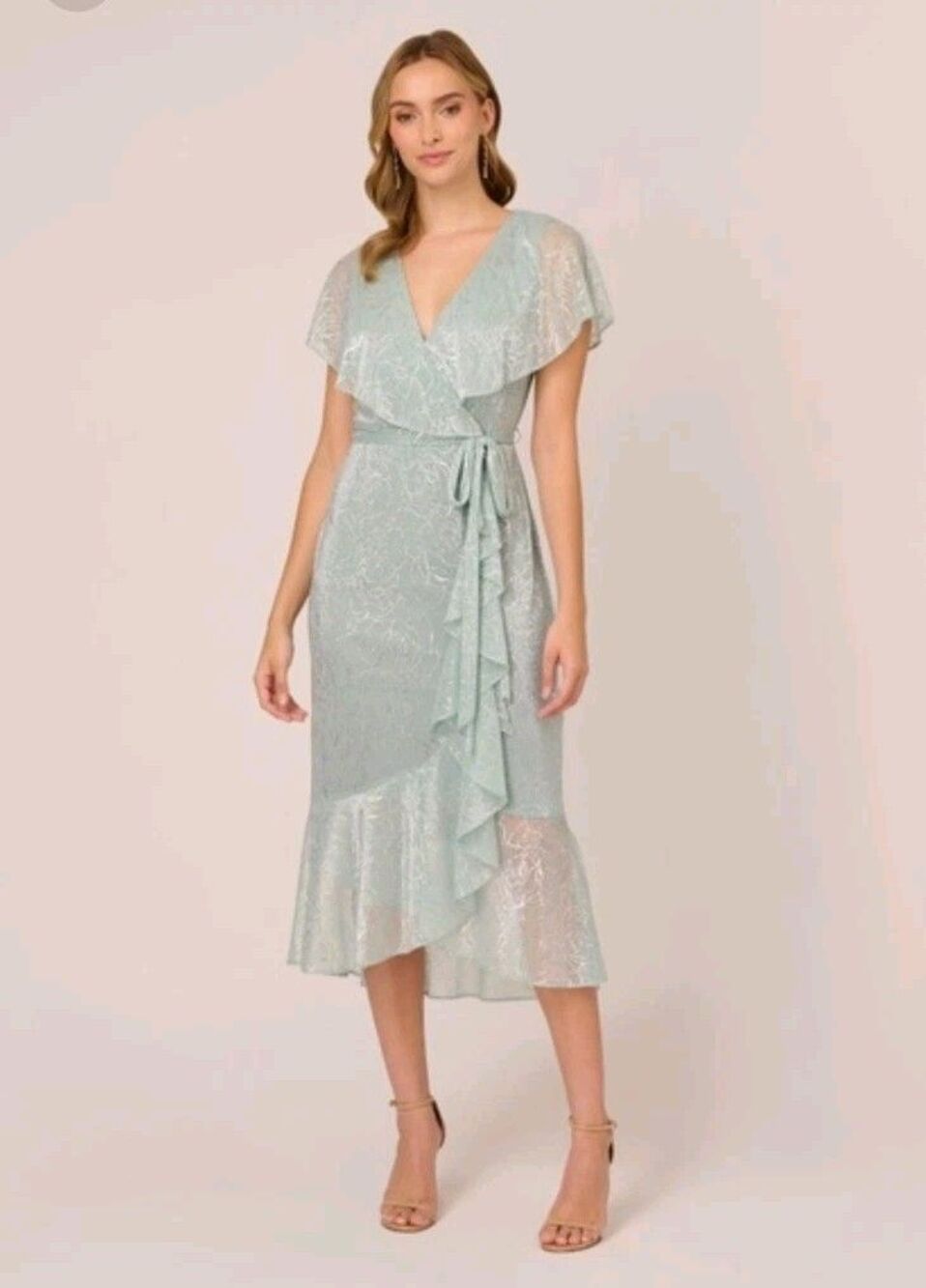 NWT Adrianna Papell Floral  Metallic Stencil Flounce Dress Sea Glass Ruffle Sz 0